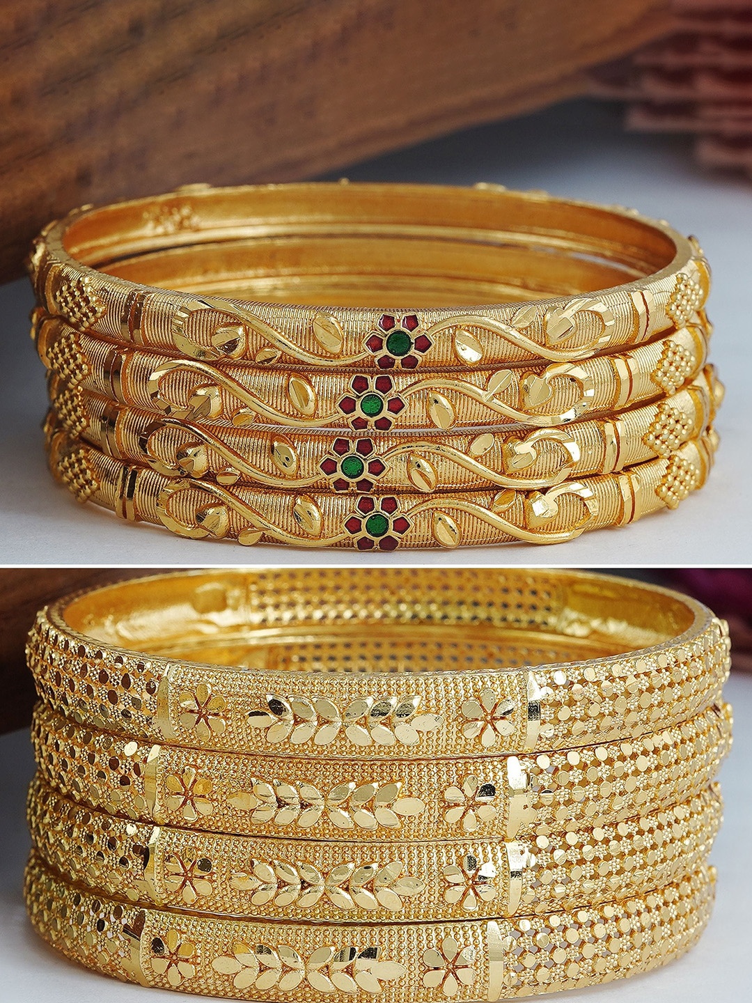 

MANSIYAORANGE Set Of 8 Gold-Plated Kundan Studded Enameled Bangles