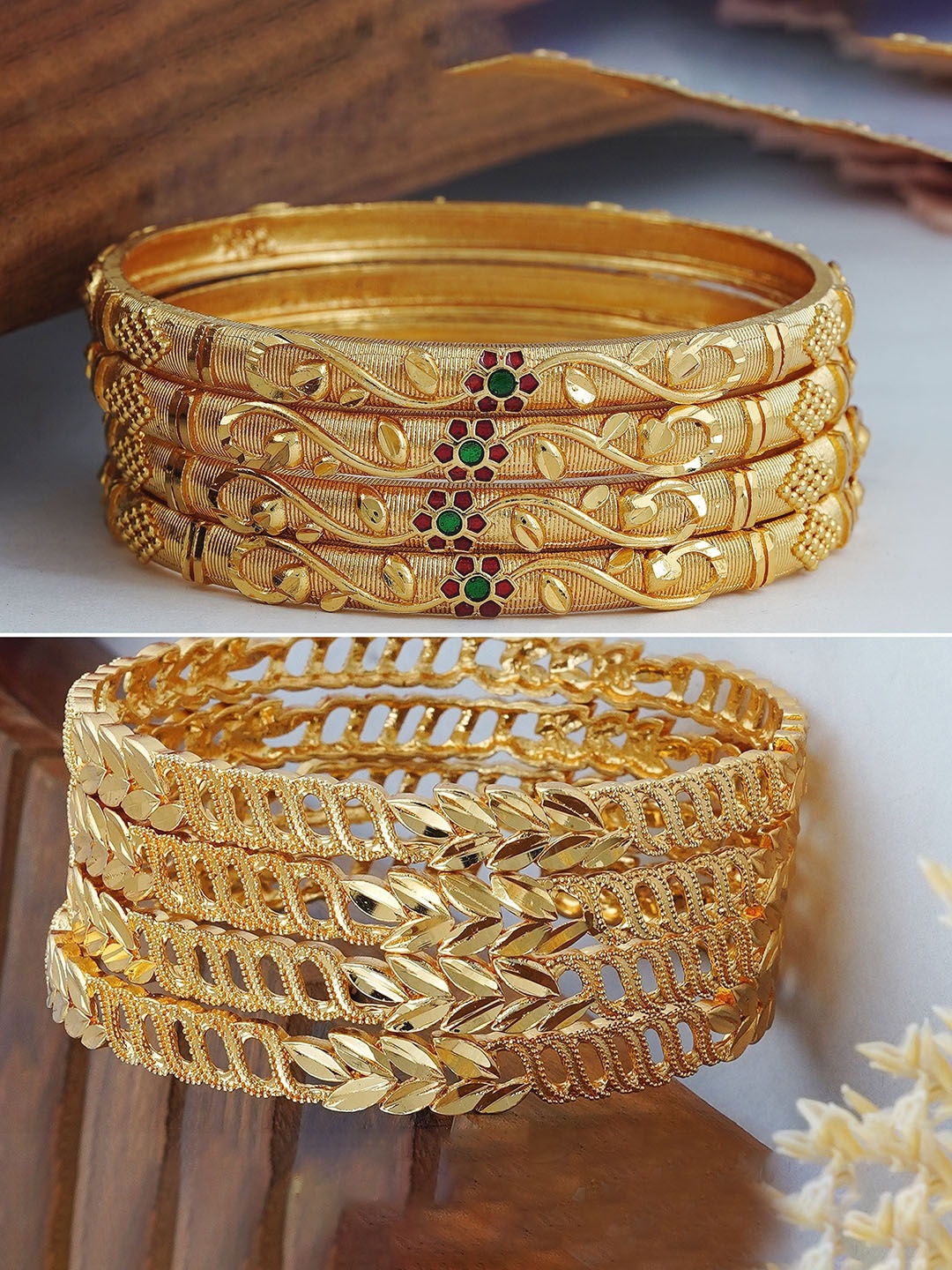 

MANSIYAORANGE Set Of 8 Gold-Plated Kundan Studded Enamalled Bangdi Chudi Bangles