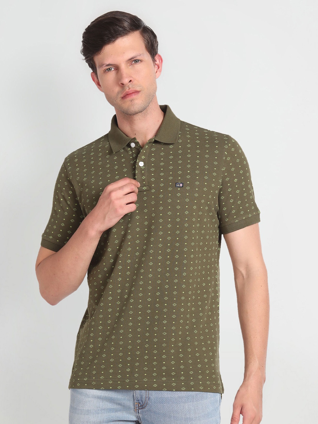 

Arrow Sport Geometric Printed Polo Collar Pure Cotton T-shirt, Green