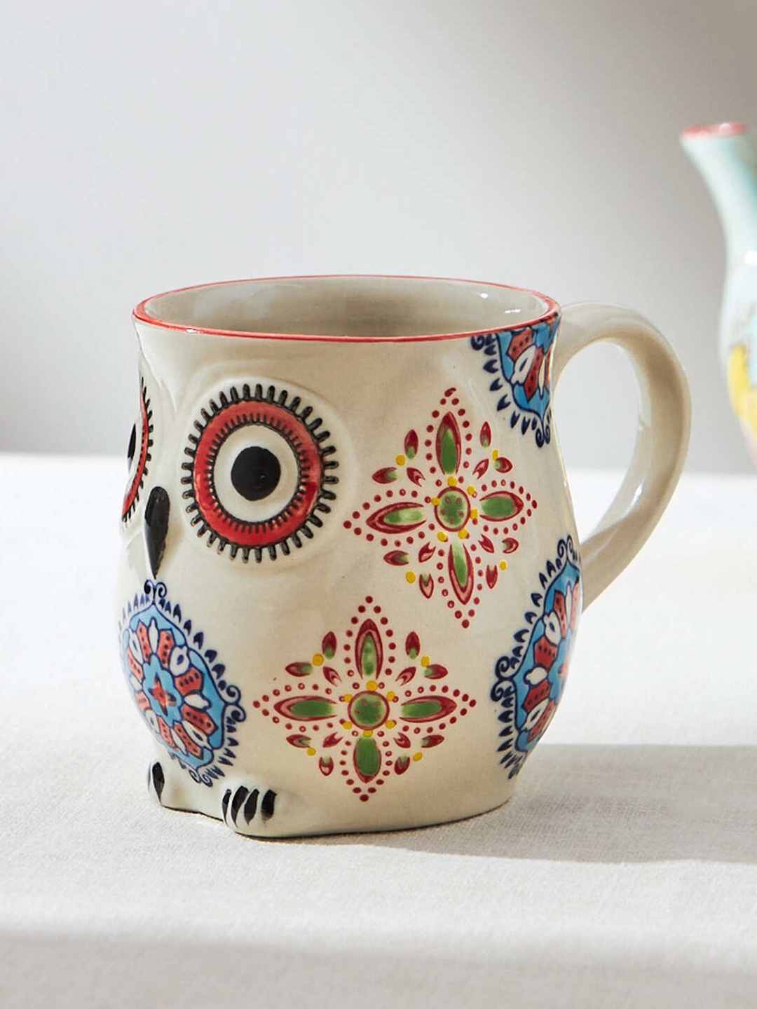 

Chumbak Blue & Red Boho Chakras Owl Printed Ceramic Matte Mug - 150 ML