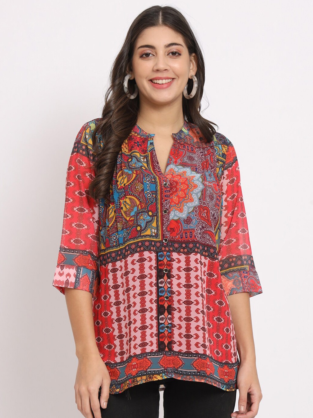 

CHARMGAL Mandarin Collar Printed Ethnic Tunic, Red