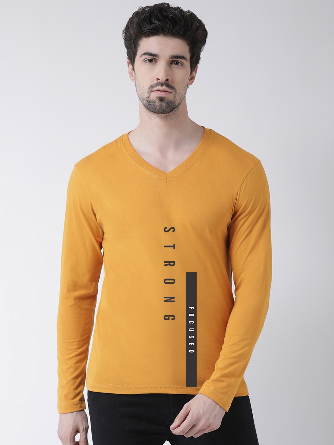 

Friskers Typography Printed V-Neck Pure Cotton Slim Fit T-shirt, Mustard