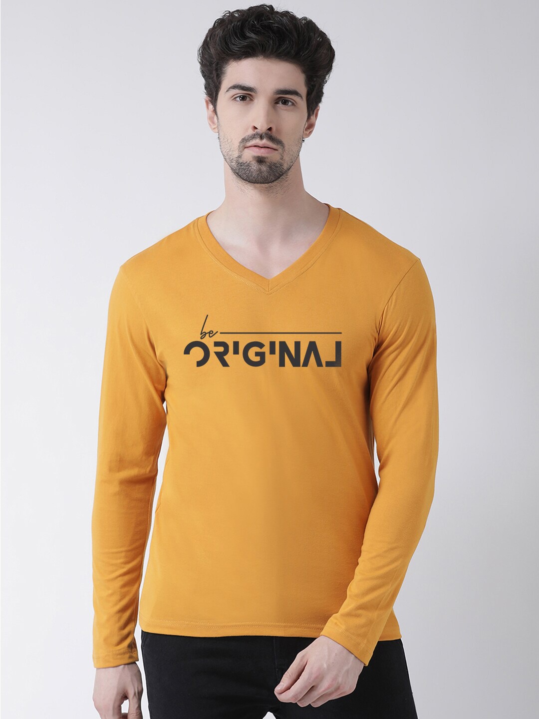 

Friskers Typography Printed V-Neck Pure Cotton Slim Fit T-shirt, Mustard