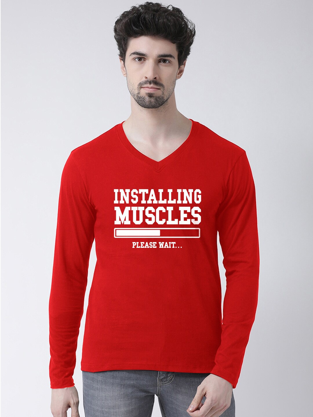 Friskers Typography Printed V-Neck Pure Cotton Slim Fit T-shirt, Red