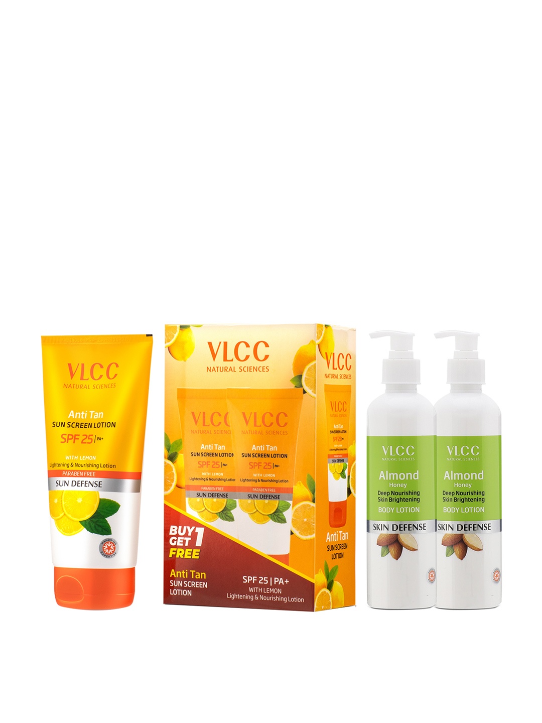

VLCC 2Pcs Anti-Tan SPF 25 Sunscreen-150ml Each & 2Pcs Almond Honey Body Lotion- 350ml Each, Orange