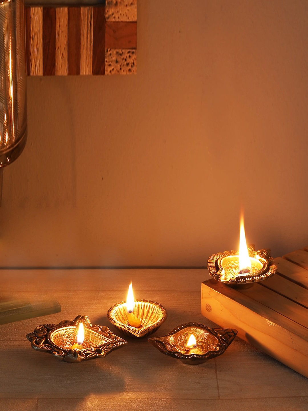 Two Moustaches Auspicious 4 Pieces Brass Diyas, Brown