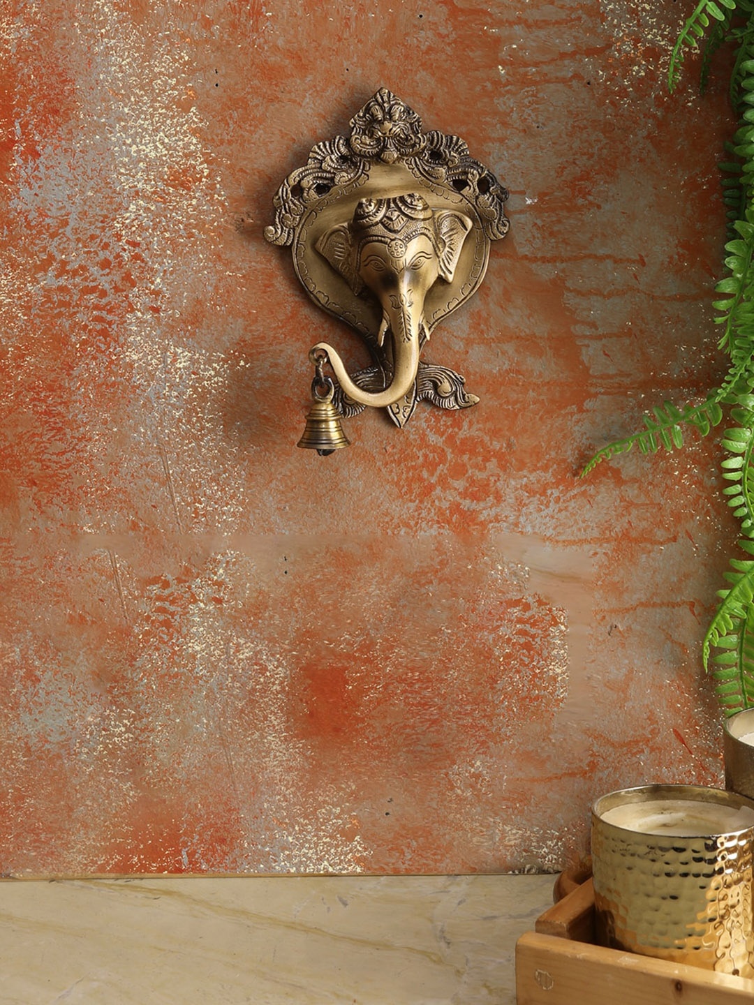 Two Moustaches Ganesha Wall Hanging With Bell, Brown