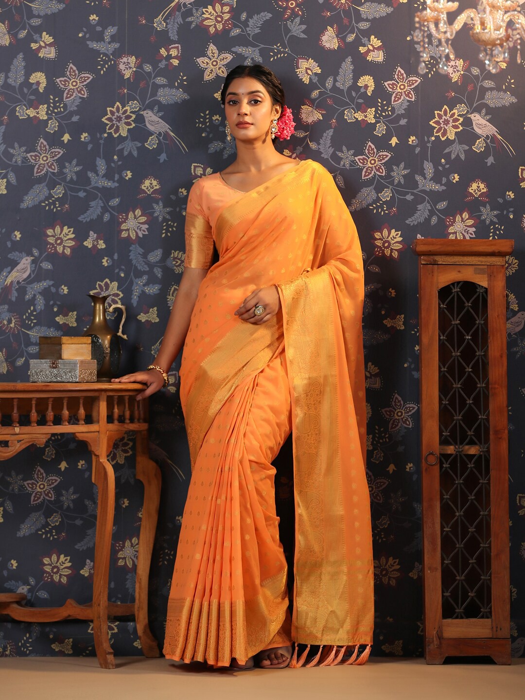 

House of Pataudi Ethnic Motifs Woven Design Zari Pure Georgette Banarasi Saree, Orange