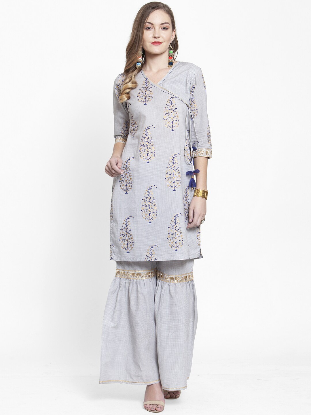 

Varanga Ethnic Motifs Printed Angrakha Thread Work Pure Cotton Kurta With Sharara, Grey