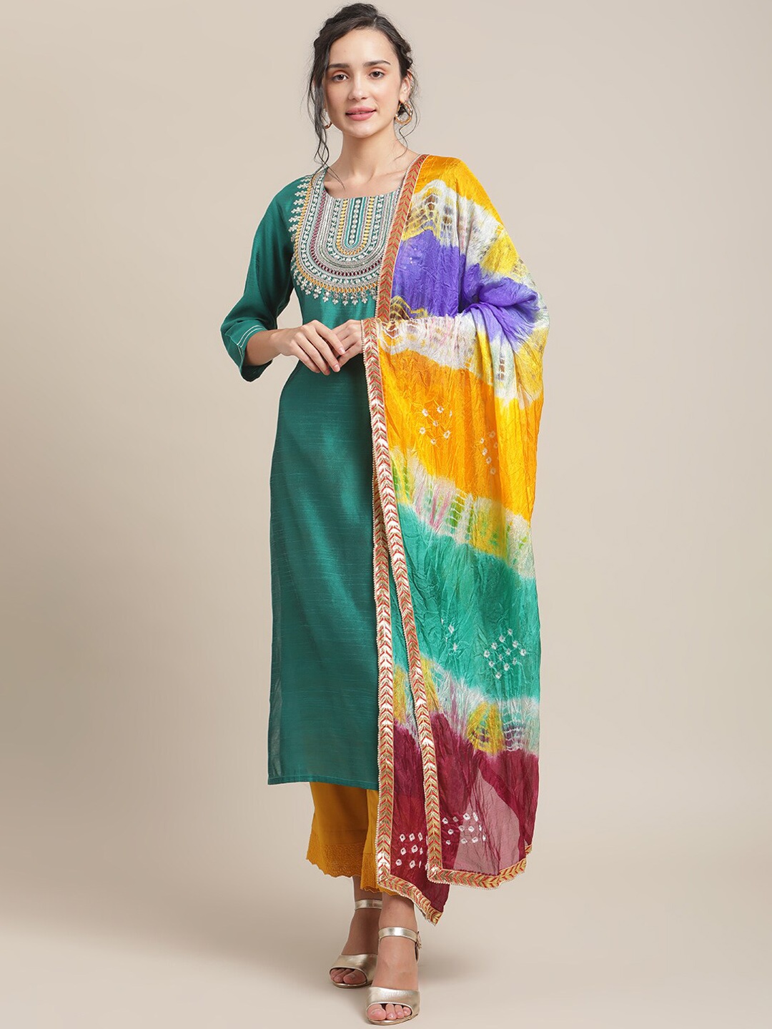 

Varanga Ethnic Motifs Yoke Design Thread Work Kurta With Trousers & Dupatta, Teal