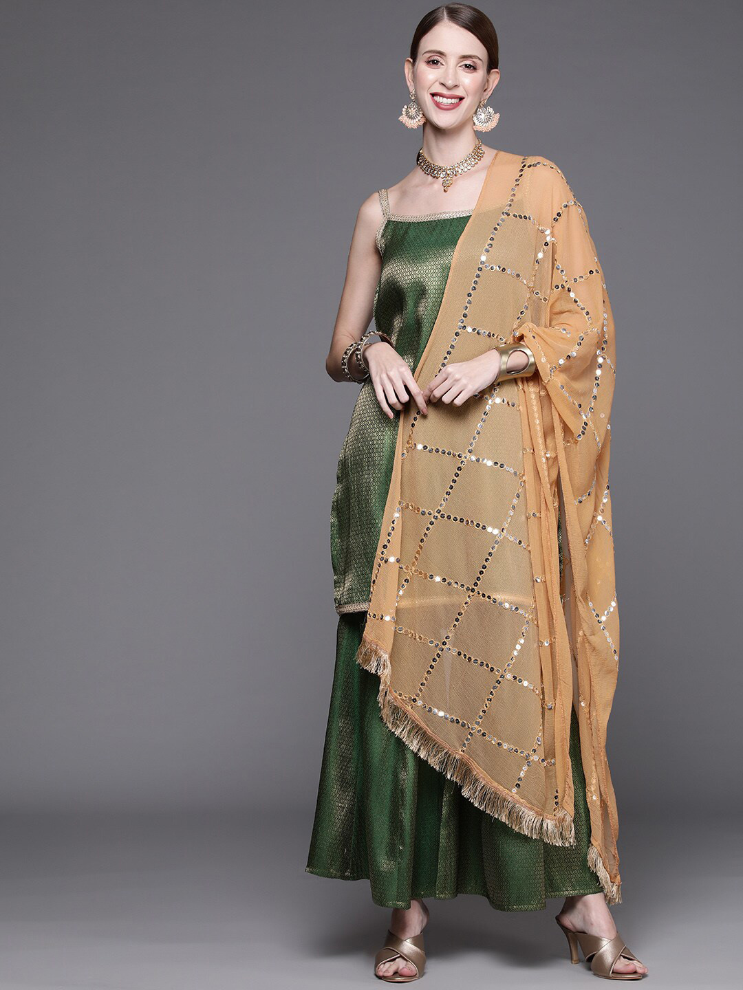 

Varanga Geometric Woven Design Regular Kurta With Sharara & Dupatta, Green