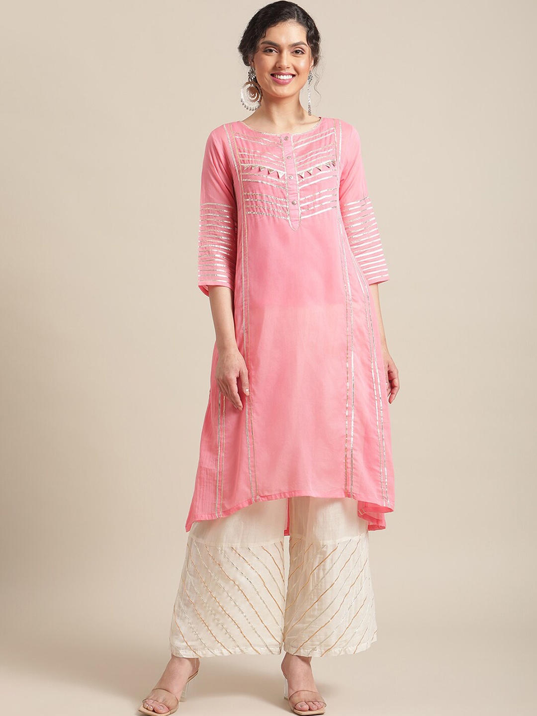 

Varanga Women Striped Gotta Patti Pure Cotton Kurta With Palazzo, Peach