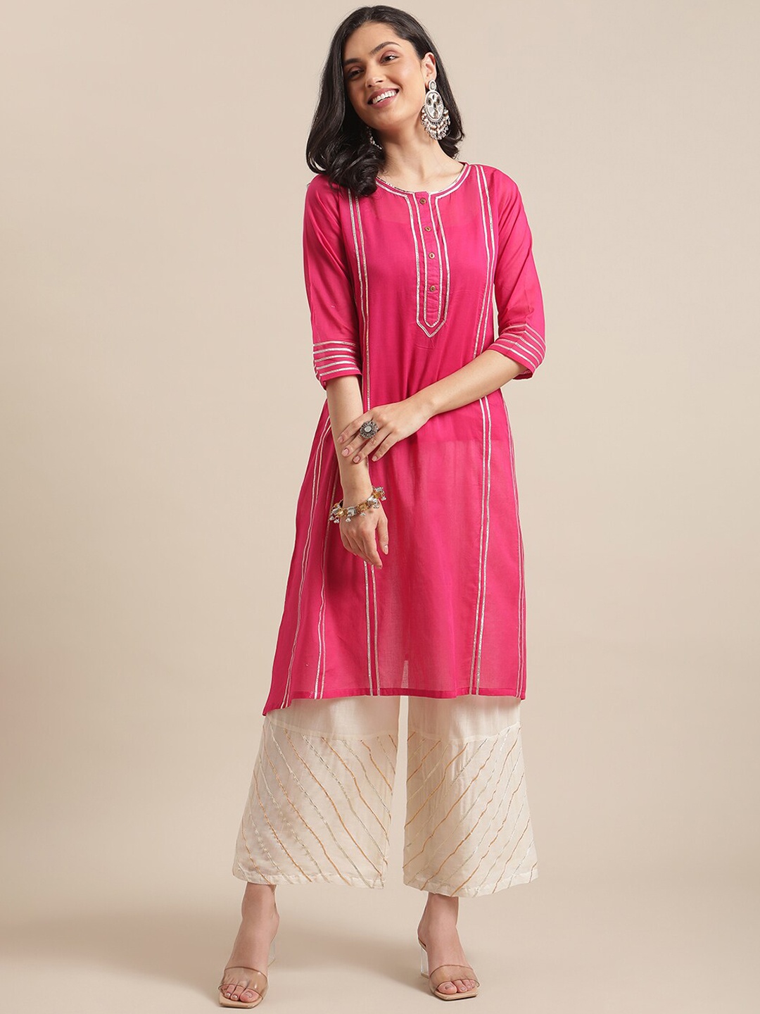 

Varanga Women Striped Gotta Patti Pure Cotton Kurta With Palazzo, Pink