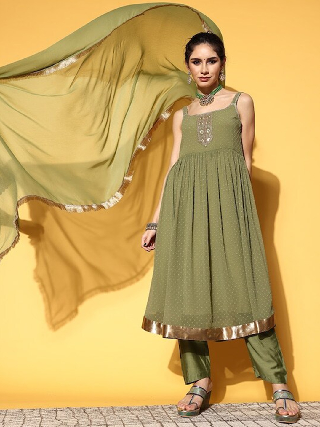 

Varanga Self Design Empire Kurta With Trousers & Dupatta, Green
