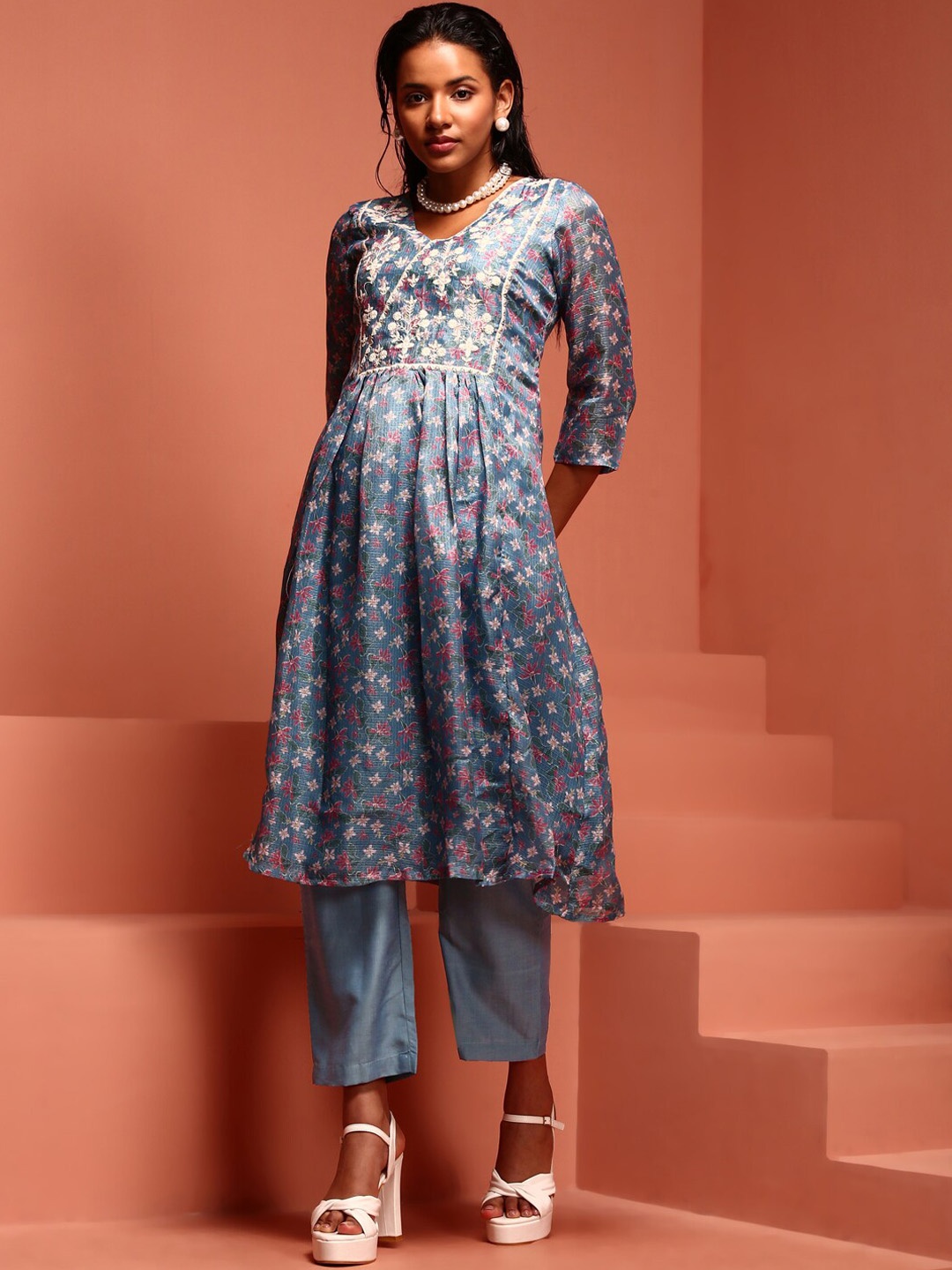 

IMARA Ethnic Motifs Printed Thread Work A-Line Kurta with Trousers, Blue