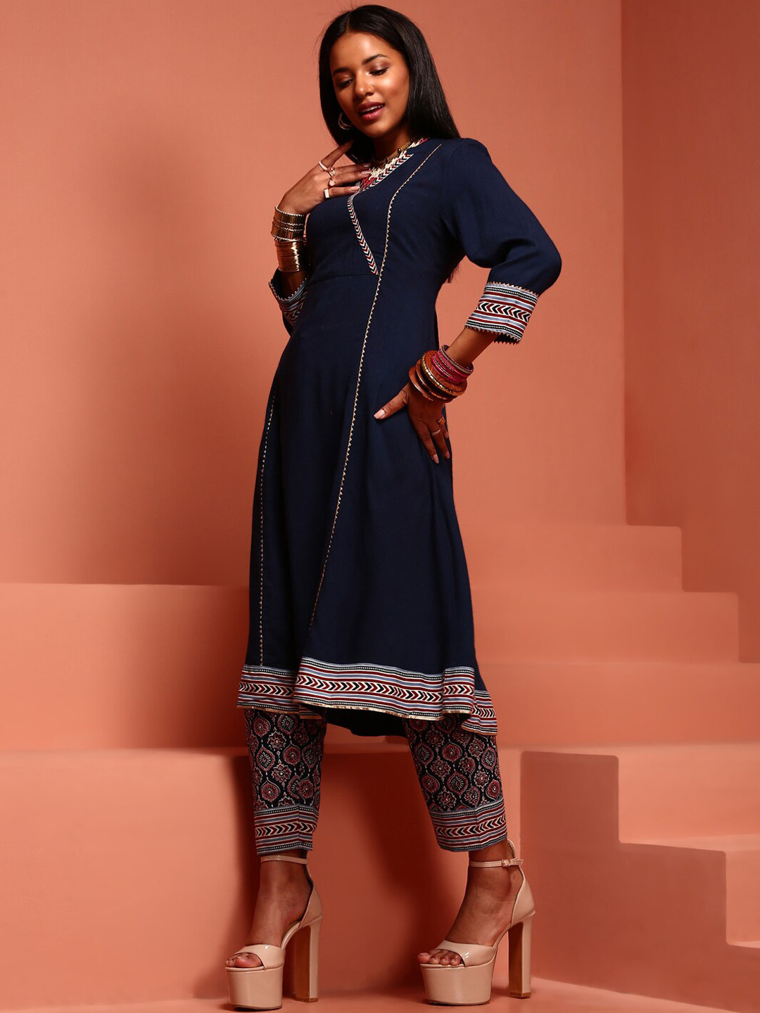

IMARA Ethnic Motifs Printed Gotta Patti A-Line Kurta with Trousers & With Dupatta, Blue