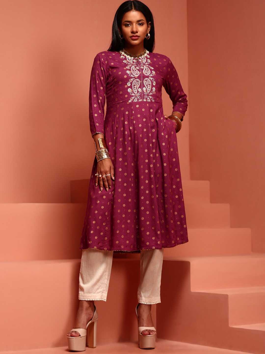 

IMARA Ethnic Motifs Printed Zari Anarkali Kurta, Purple