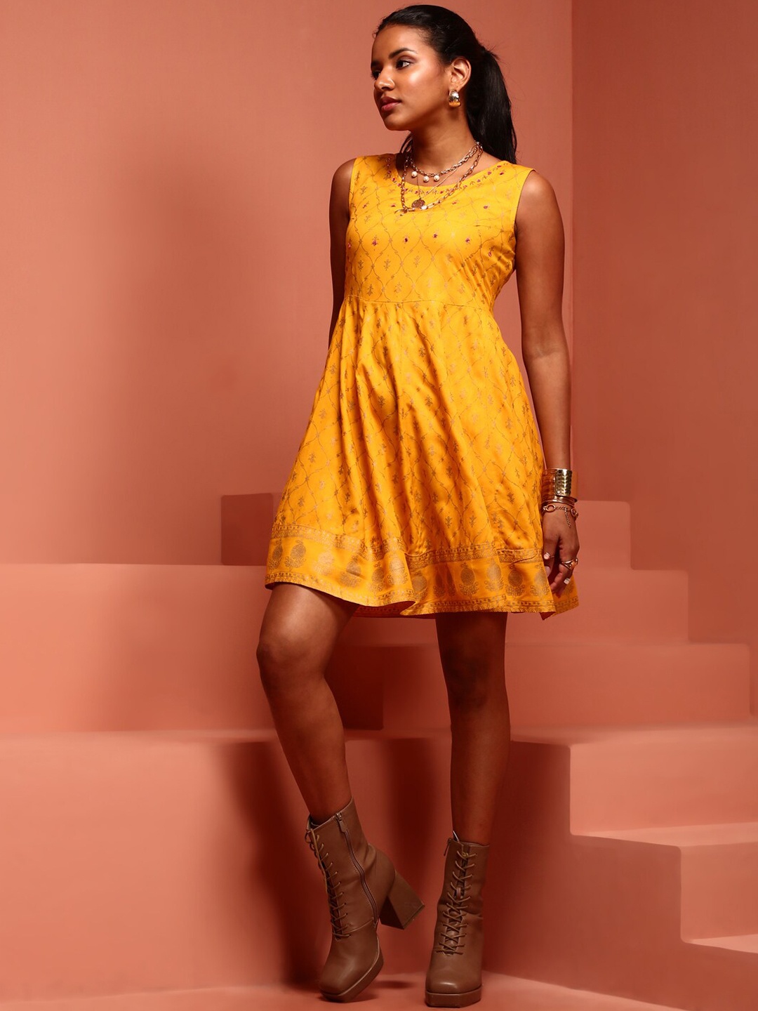 

IMARA Ethnic Printed Sleeveless Embroidered Fit & Flare Ethnic Dress, Yellow