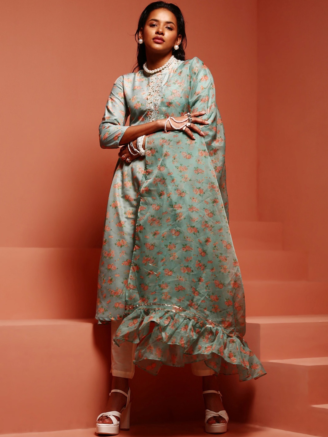 

IMARA Floral Printed A-Line Regular Kurta with Trousers With Dupatta, Green