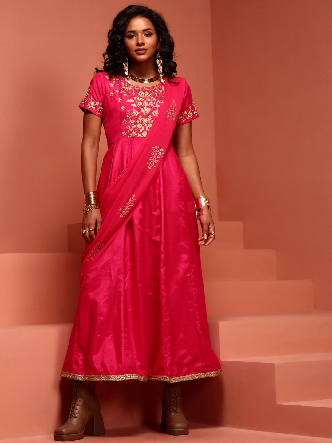 

IMARA Ethnic Motifs Embroidered A-Line Ethnic Dress With Dupatta, Fuchsia