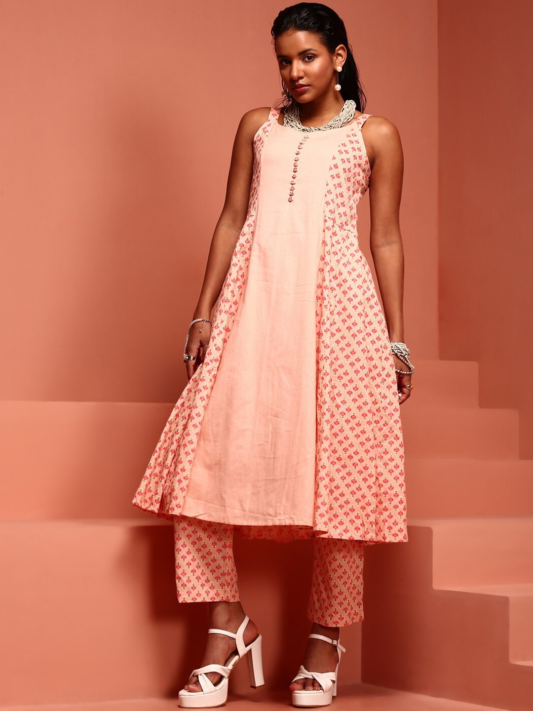 

IMARA Ethnic Motifs Printed Shoulder Strap Pure Cotton A-Line Kurta with Trousers, Pink
