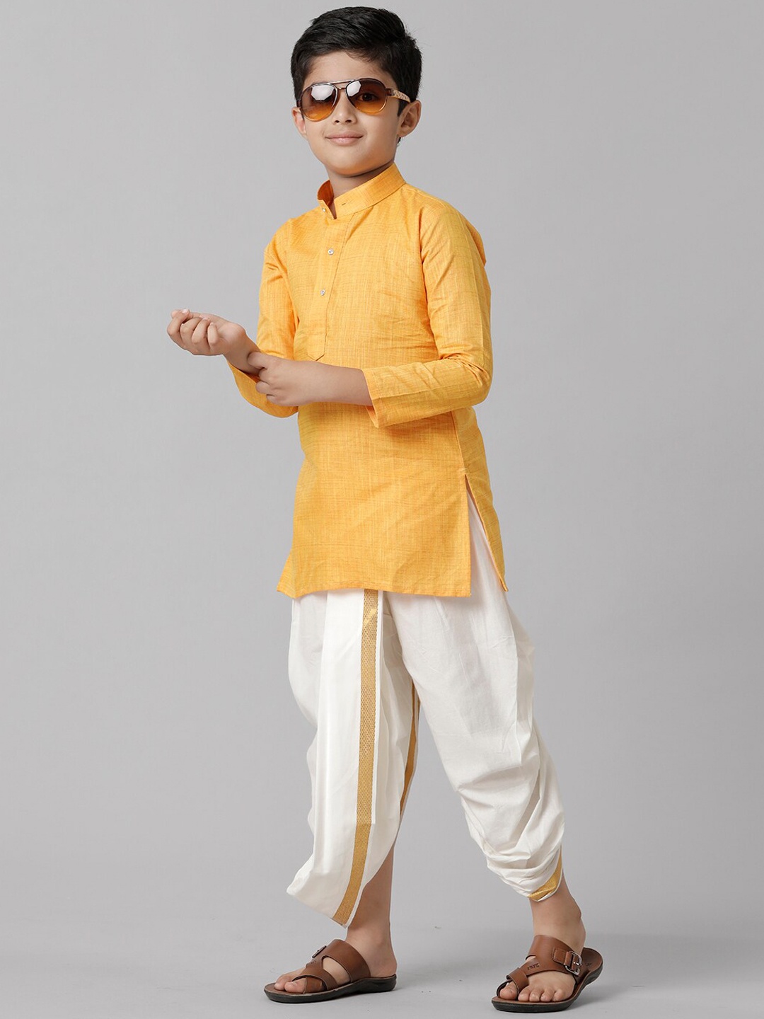 

Ramraj Boys Cotton Mandarin Collar Kurta With Dhoti Pants, Yellow