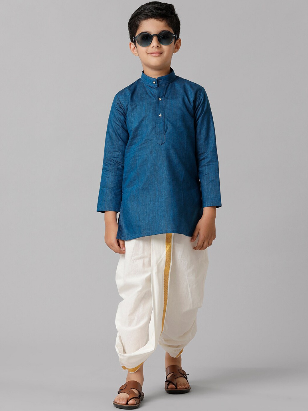 

Ramraj Boys Cotton Mandarin Collar Kurta With Dhoti Pants, Blue