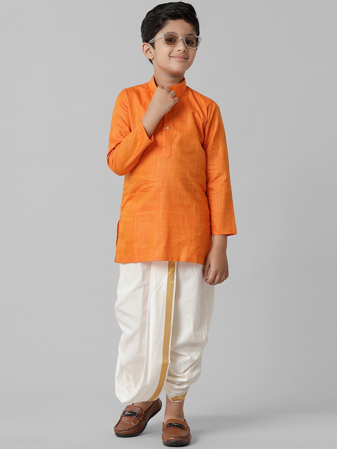 

Ramraj Boys Cotton Mandarin Collar Kurta With Dhoti Pants, Orange