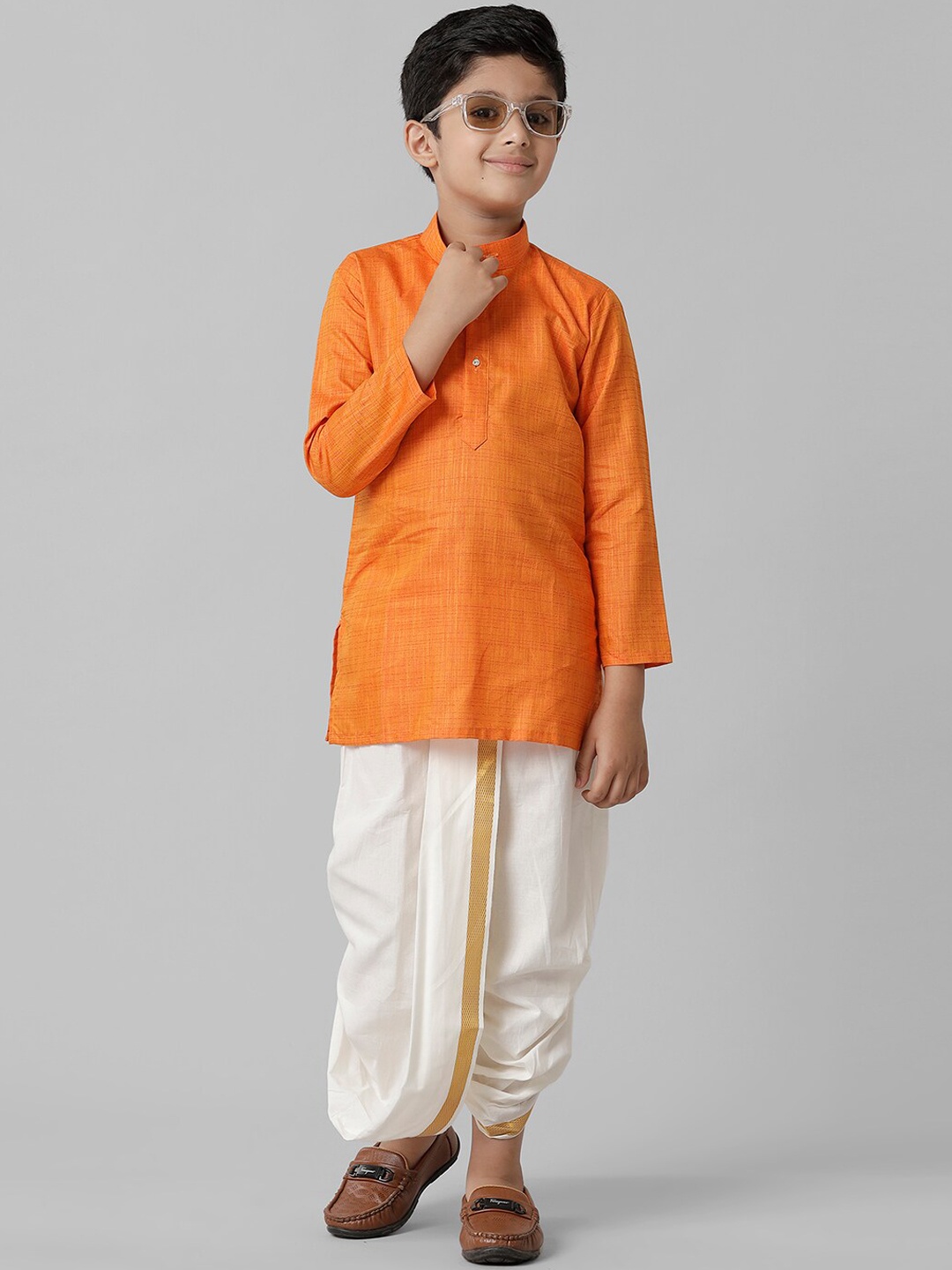 

Ramraj Boys Cotton Mandarin Collar Kurta With Dhoti Pants, Orange