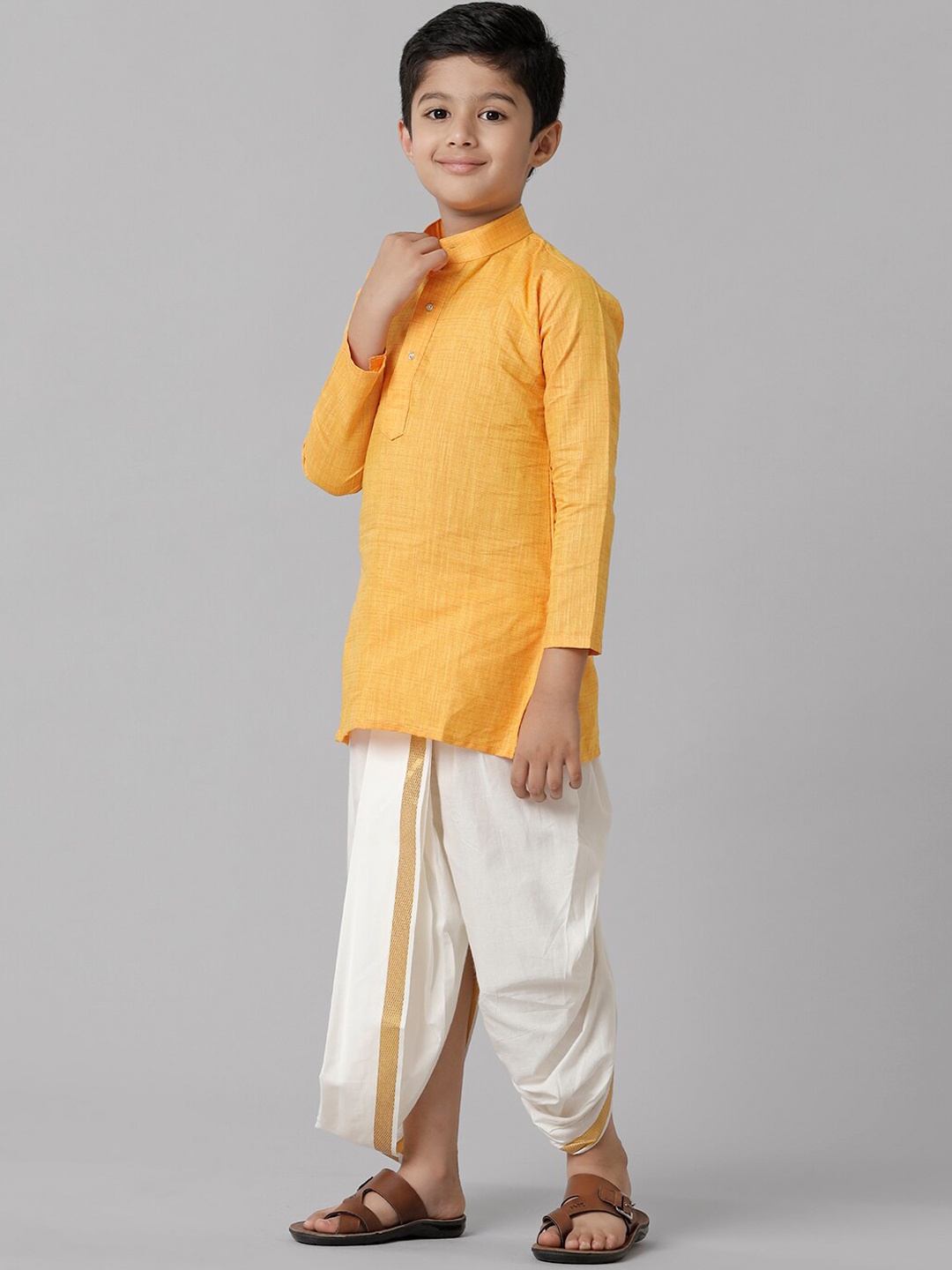 

Ramraj Boys Cotton Mandarin Collar Kurta With Dhoti Pants, Yellow