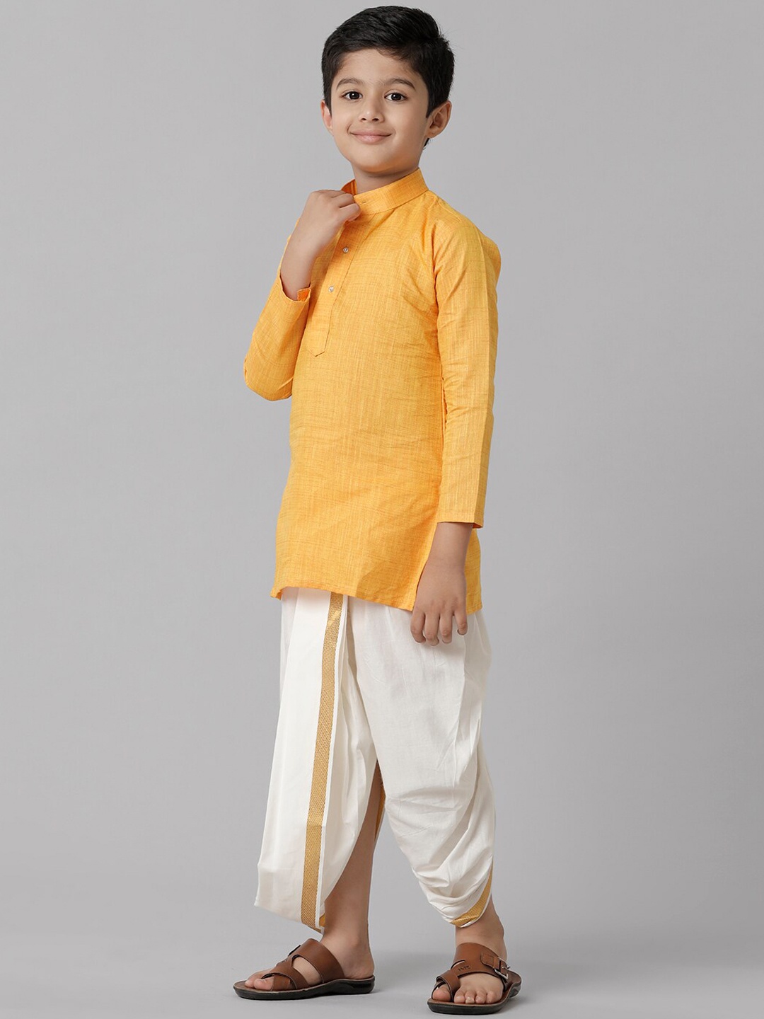 

Ramraj Boys Cotton Mandarin Collar Kurta With Dhoti Pants, Yellow