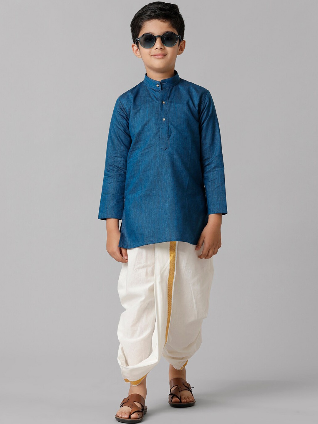

Ramraj Boys Cotton Mandarin Collar Kurta With Dhoti Pants, Blue
