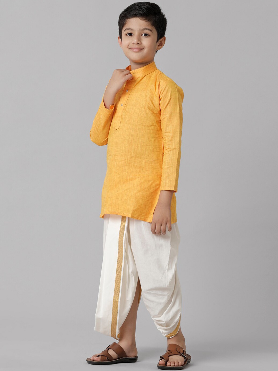 

Ramraj Boys Cotton Mandarin Collar Kurta With Dhoti Pants, Yellow