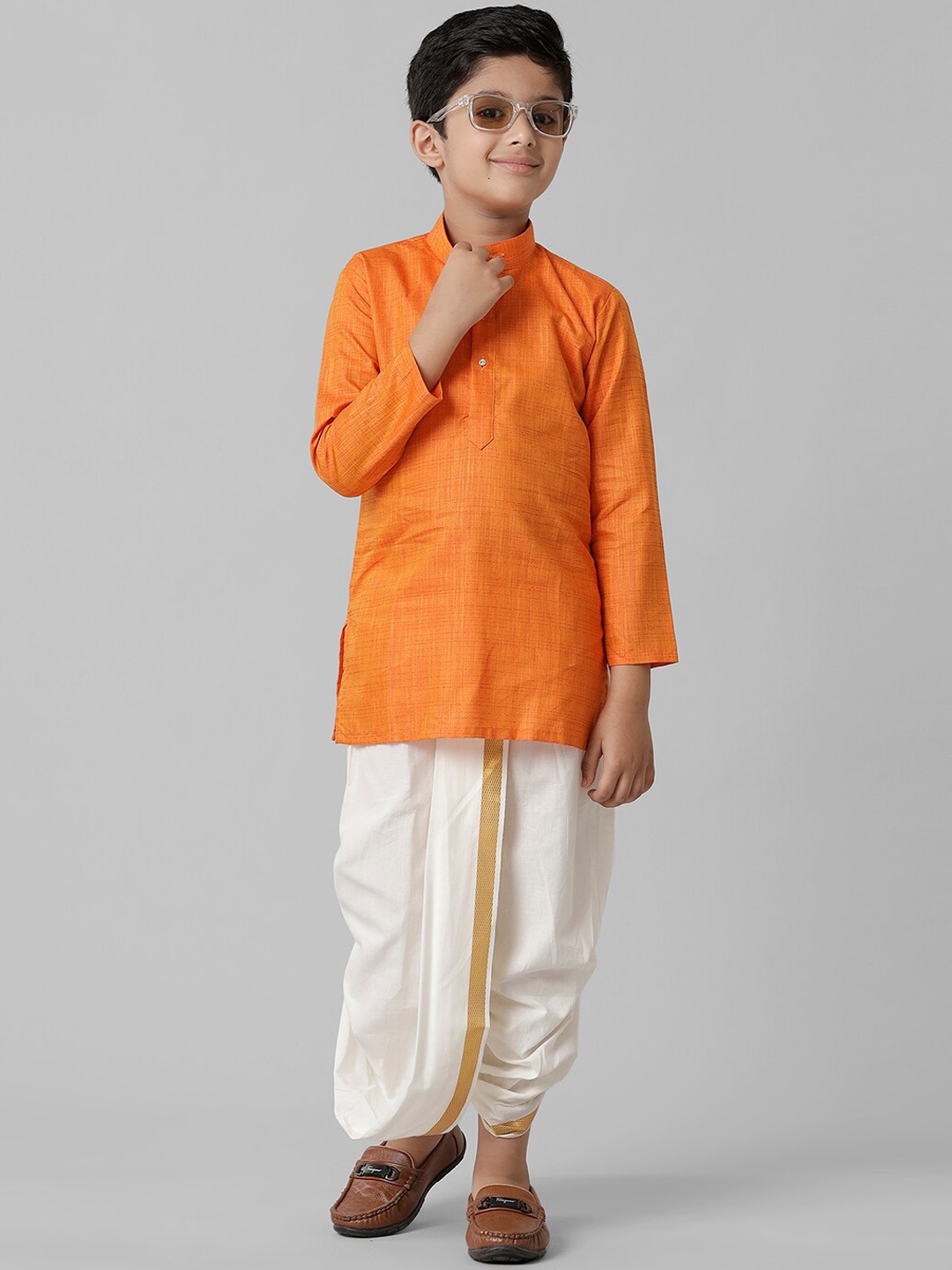 

Ramraj Boys Cotton Mandarin Collar Kurta With Dhoti Pants, Orange