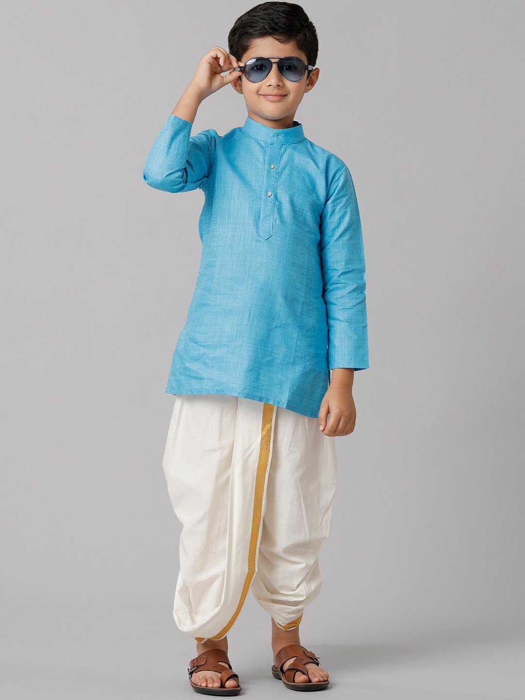 

Ramraj Boys Cotton Mandarin Collar Kurta With Dhoti Pants, Blue