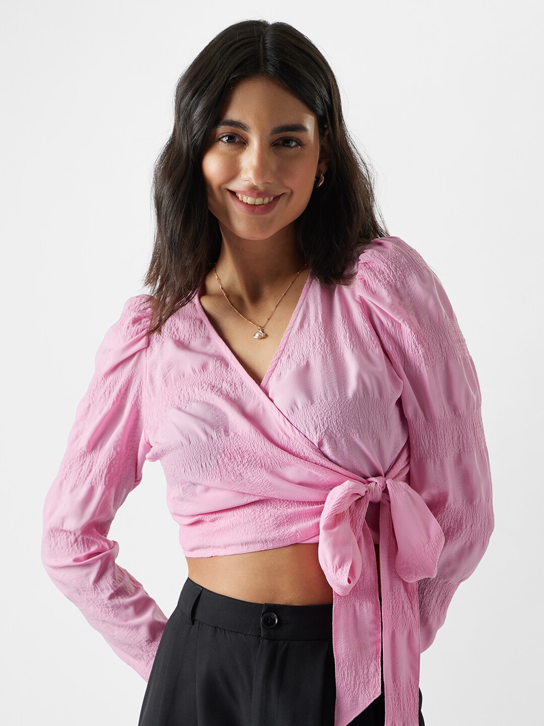 

The Souled Store V-Neck Wrap Crop Top, Pink