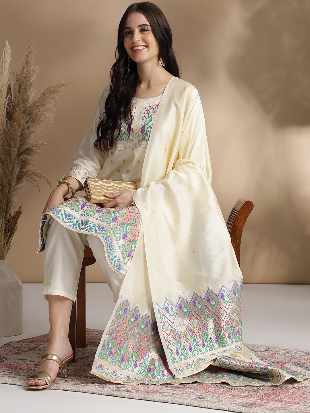 

RAJGRANTH Ethnic Motif Woven Design Chanderi Cotton Straight Kurta With Trousers & Dupatta, Cream