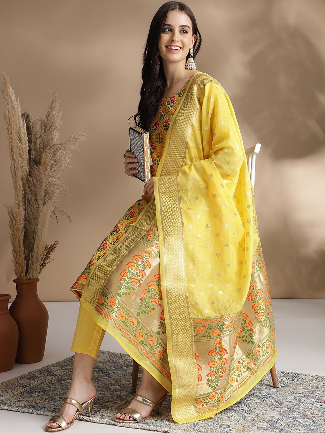 

RAJGRANTH Ethnic Motif Woven Design Chanderi Cotton Straight Kurta With Trousers & Dupatta, Yellow
