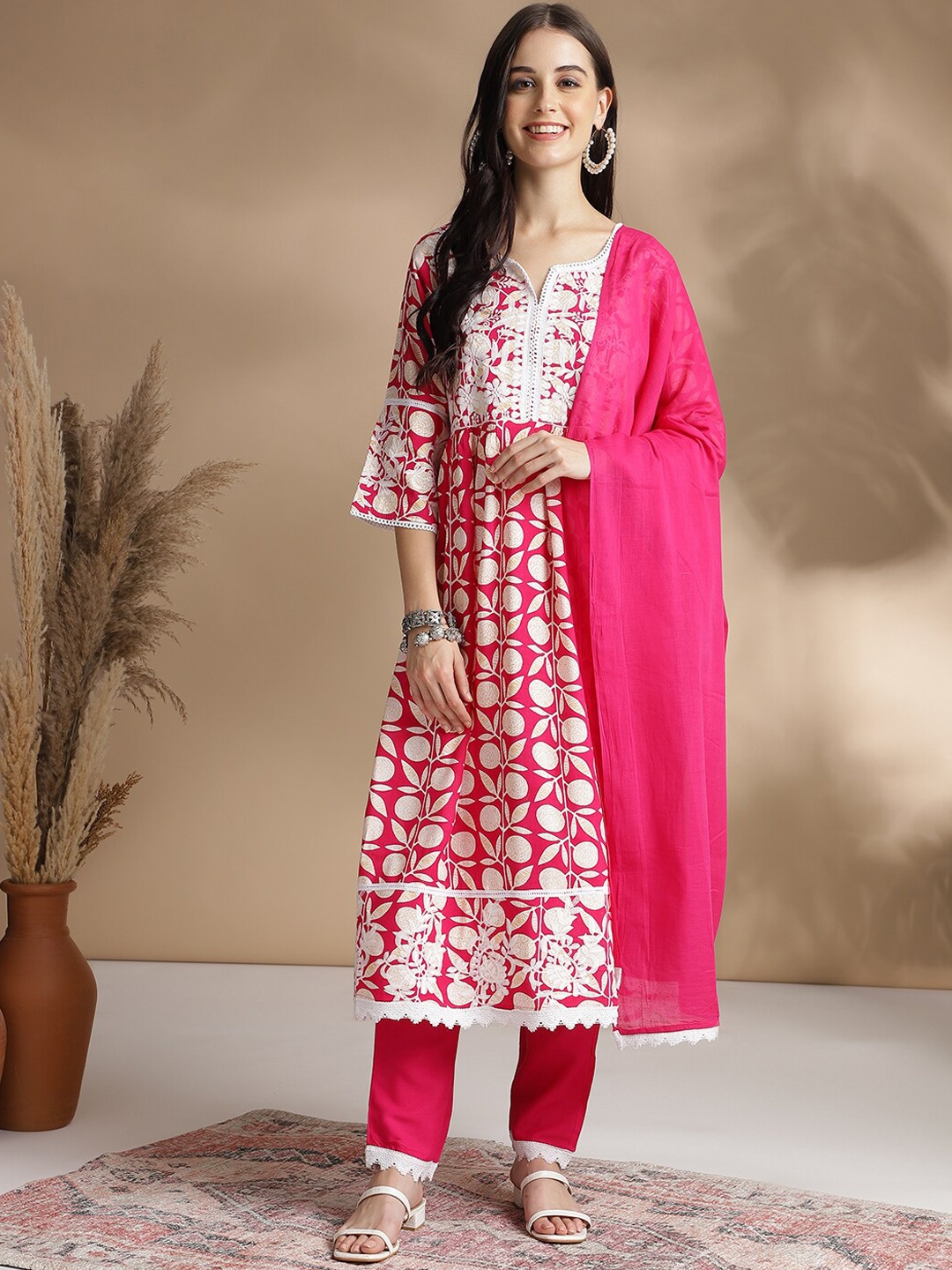 

RAJGRANTH Floral Printed Thread Work Pure Cotton A-line Kurta With Trousers & Dupatta, Fuchsia