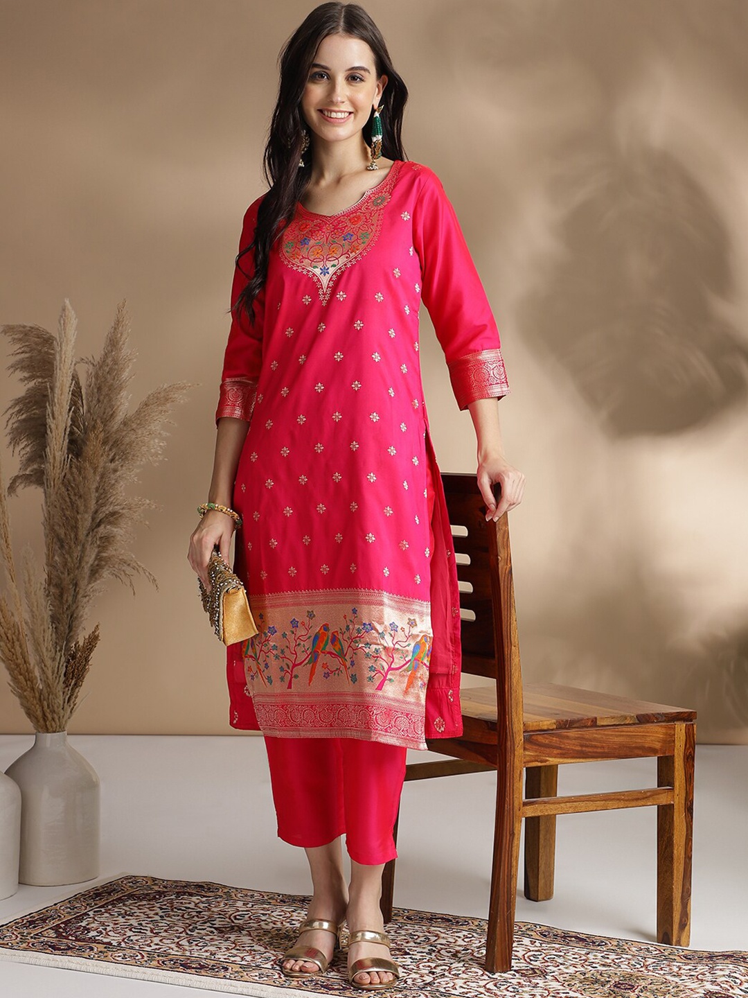 

RAJGRANTH Ethnic Motif Woven Design Chanderi Cotton Straight Kurta With Trousers, Pink