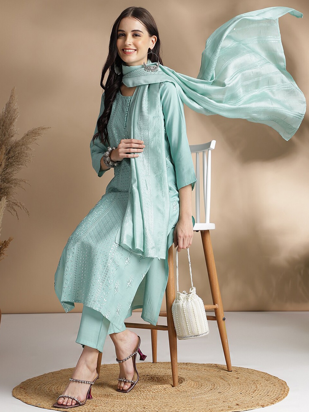 

RAJGRANTH Ethnic Motifs Embroidered Pure Silk Straight Kurta With Trousers & Dupatta, Sea green