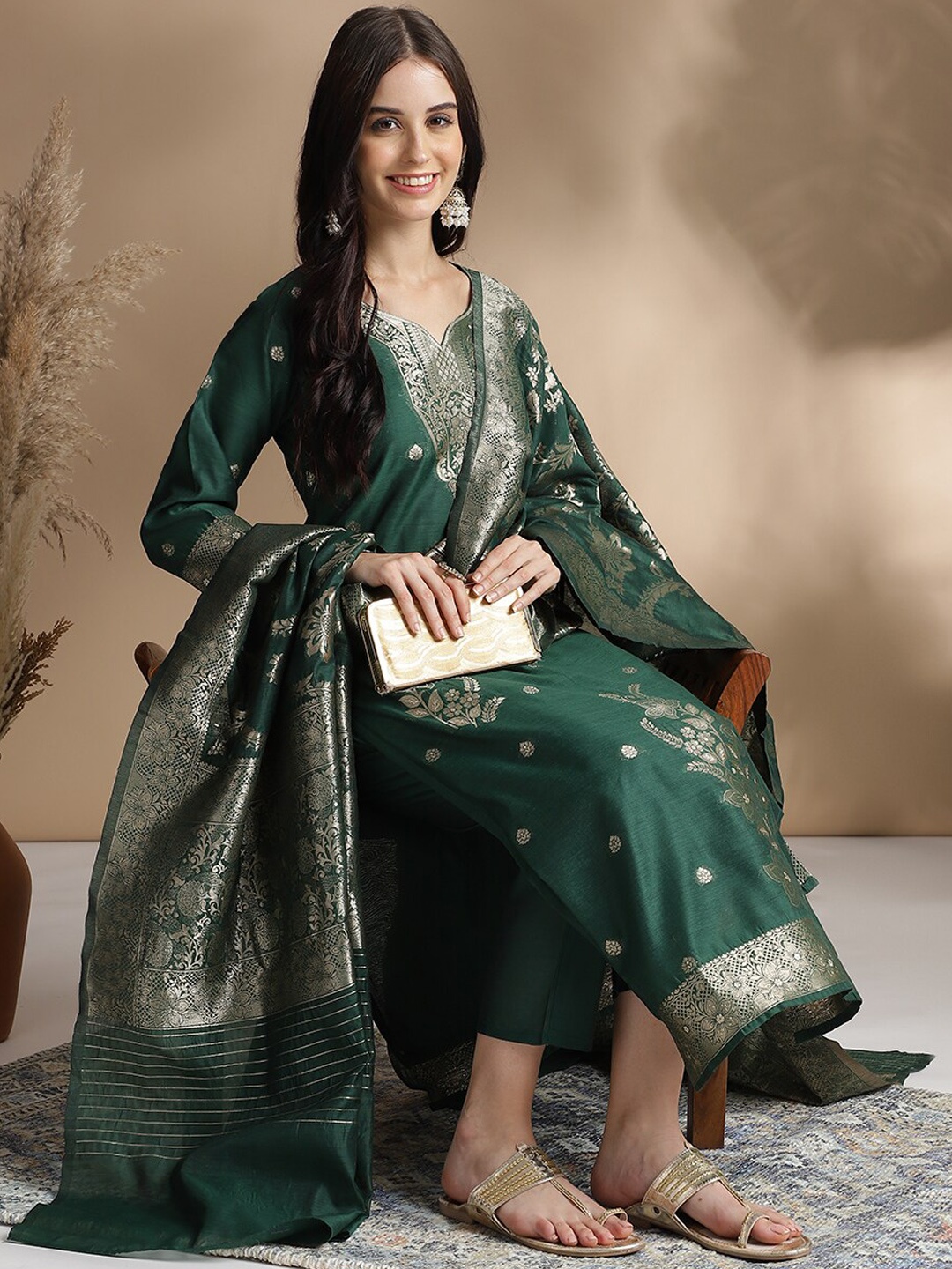 

RAJGRANTH Ethnic Motif Woven Design Chanderi Cotton Straight Kurta With Trousers & Dupatta, Green