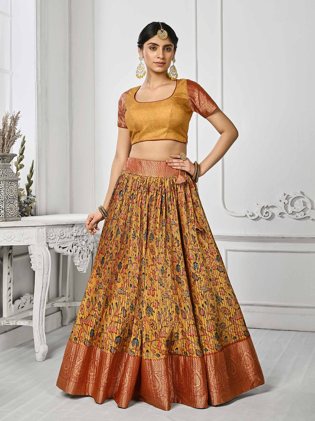 

SAPTRANGI Floral Printed Ready to Wear Lehenga & Blouse With Dupatta, Mustard