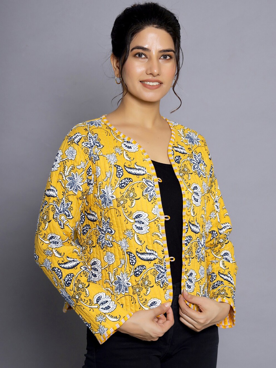 

HANDICRAFT PALACE Floral Printed Reversible Pure Cotton Crop Tailored Jacket, Yellow