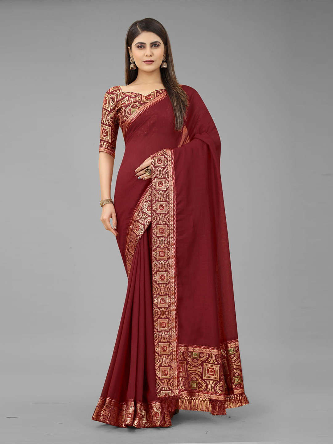

KALINI Tasseled Silk Cotton Jamdani Saree, Maroon