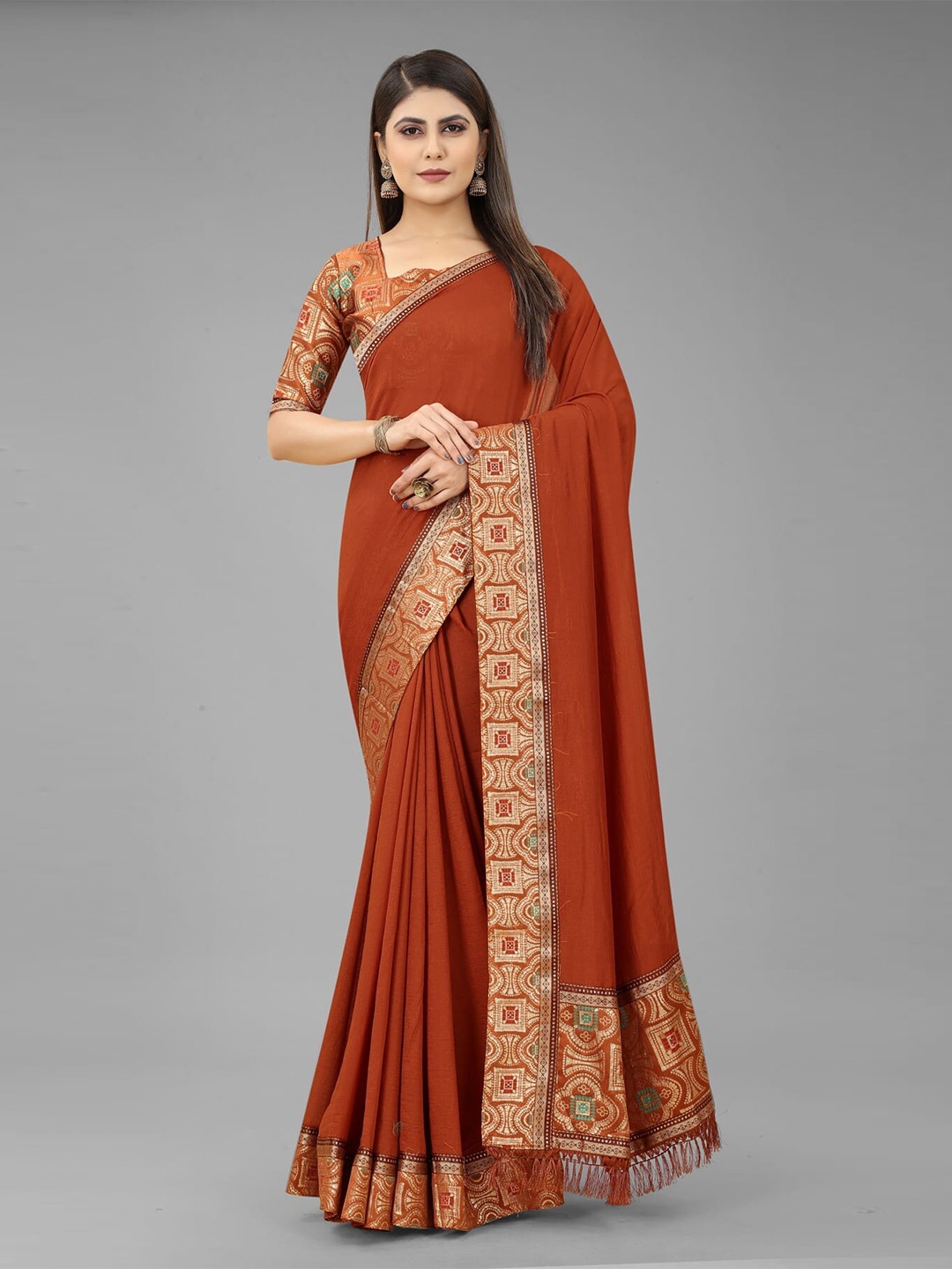 

KALINI Tasseled Zari Silk Cotton Jamdani Saree, Brown
