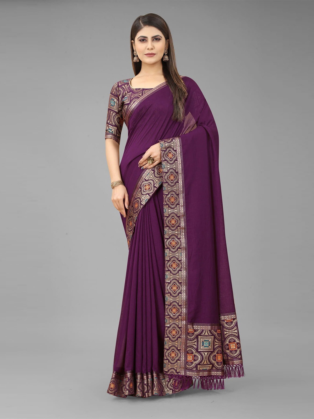 

KALINI Tasseled Zari Silk Cotton Jamdani Saree, Purple
