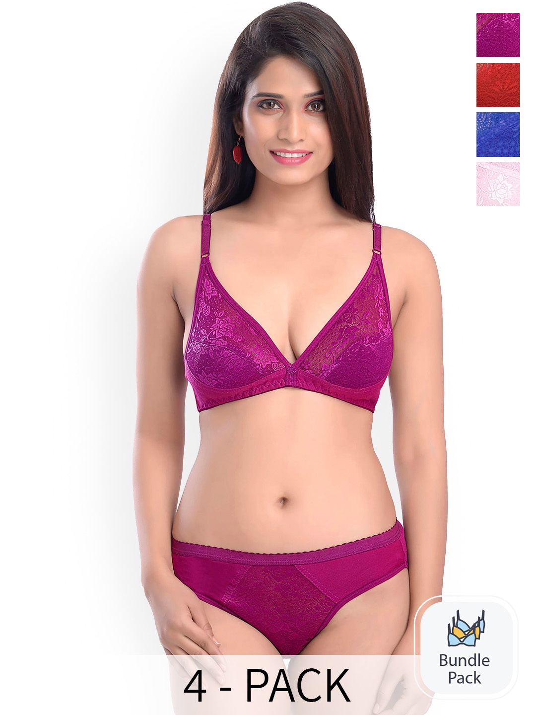 PIBU Pack Of 4 Cotton Lingerie Set, Pink