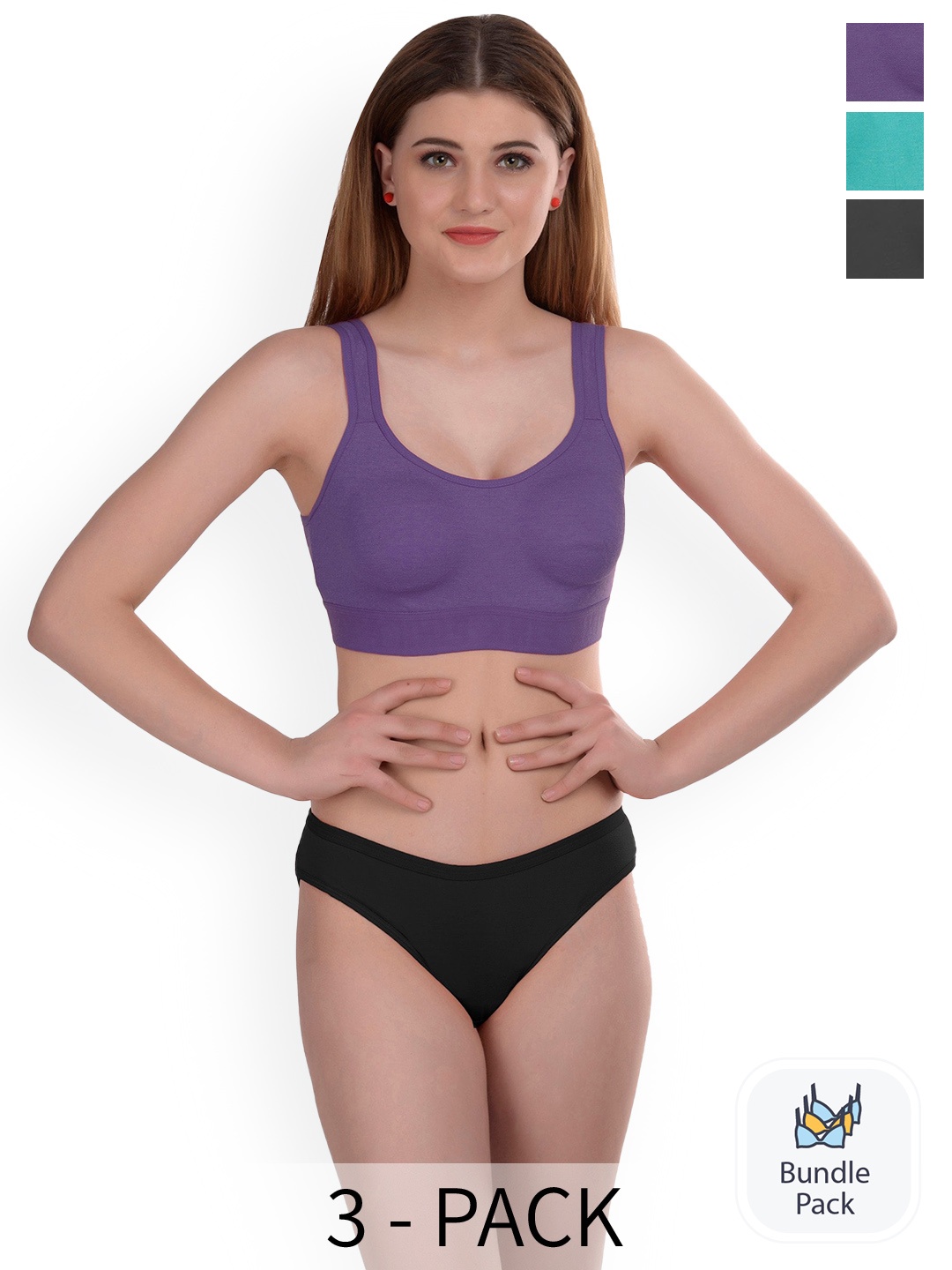 

PIBU Pack Of 3 Cotton Lingerie Sets PE_Gayla set_Purple,Green,Black_30