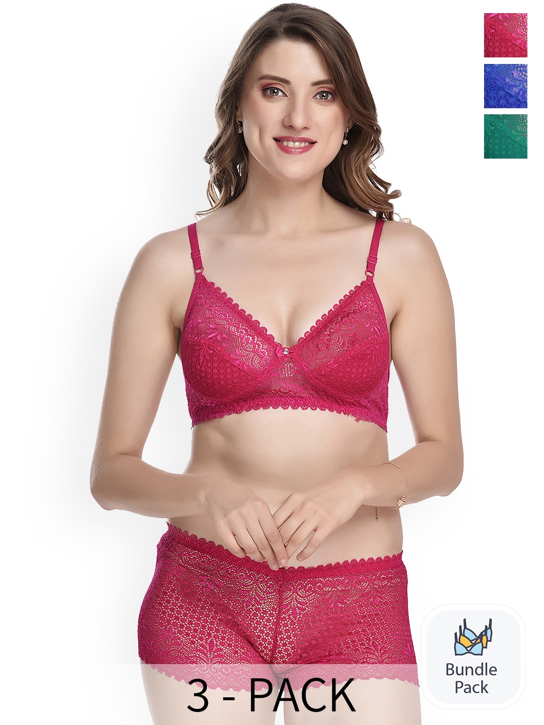 

PIBU Pack Of 3 Self-Design Cotton Lingerie Set, Green